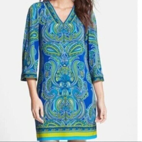Laundry by Shelli Segal | Blue Green Paisley Lined V Neck Shift Dress Size Large - Picture 1 of 10